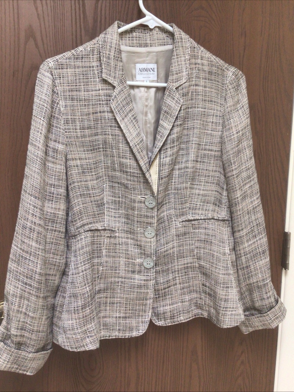 Armani Collezioni Neutral Plaid Button Front Blazer, viscose linen, sz 8